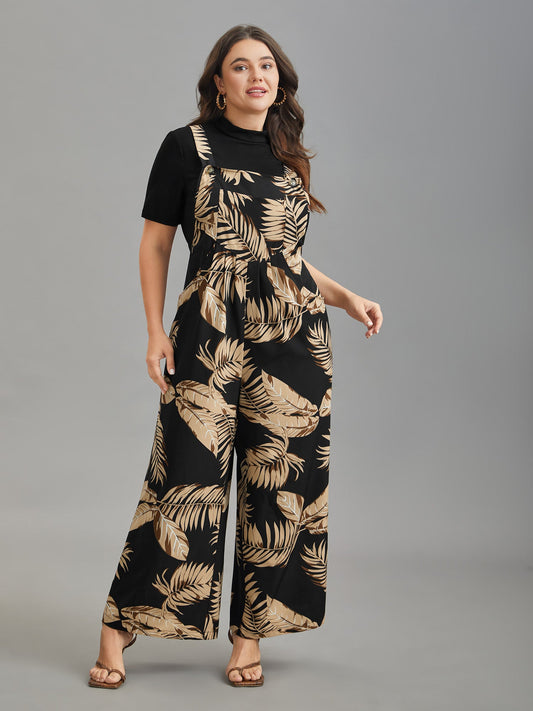 Tropical Leaf Print Overall Straps Jumpsuit
