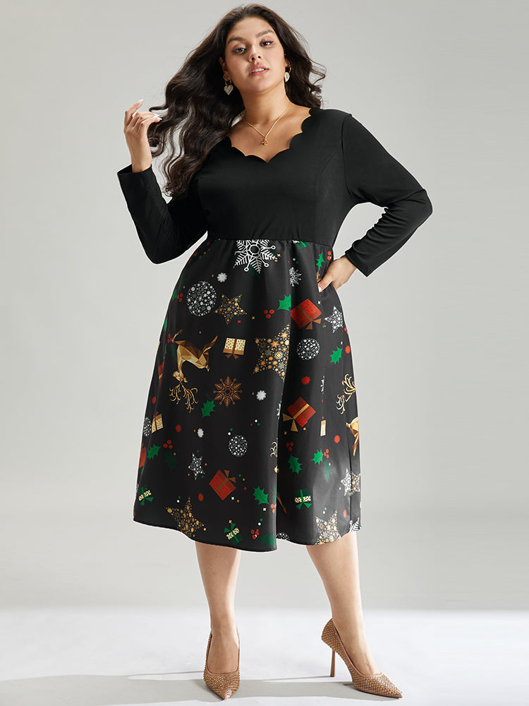 Christmas Print Patchwork Scalloped Trim Elastic Waist Dress