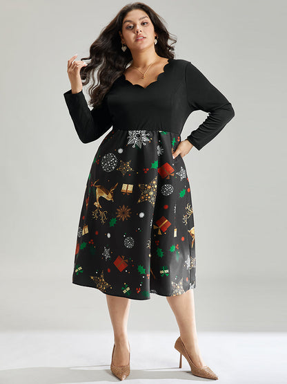 Christmas Print Patchwork Scalloped Trim Elastic Waist Dress