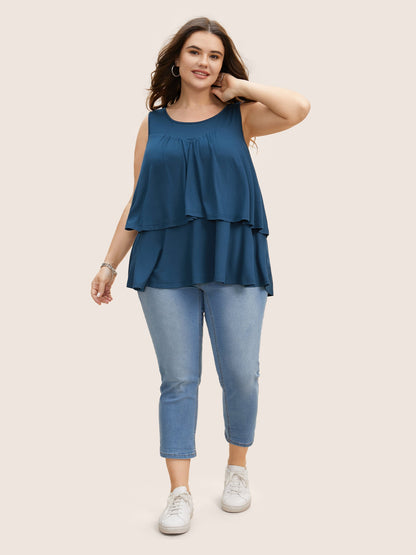 Plain Round Neck Tiered Ruffles Tank Top