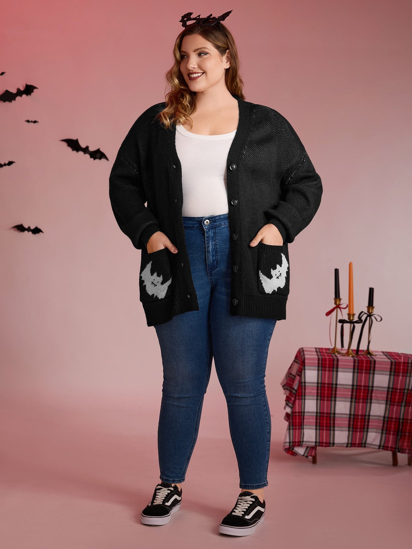 Spiderweb Bat Jacquard Pockets Knit Cardigan