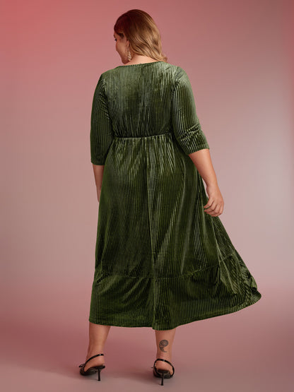 Adjustable Cross-Tie Velvet Stretchy Waist Midi Dress