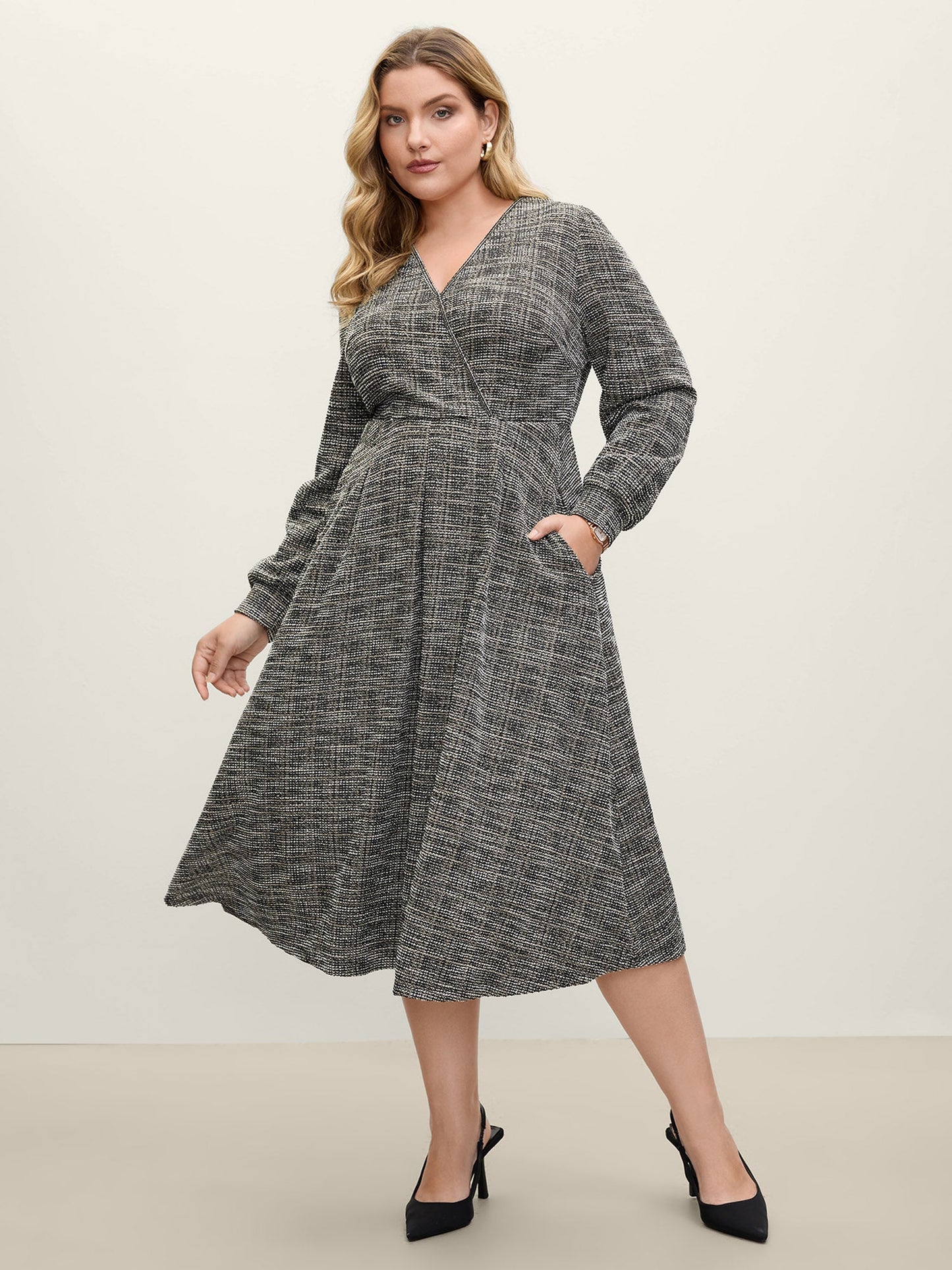 Tweed Surplice Neck Midi Dress