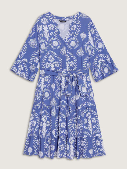 Boho Print Belted Side Pockets Midi Dress
