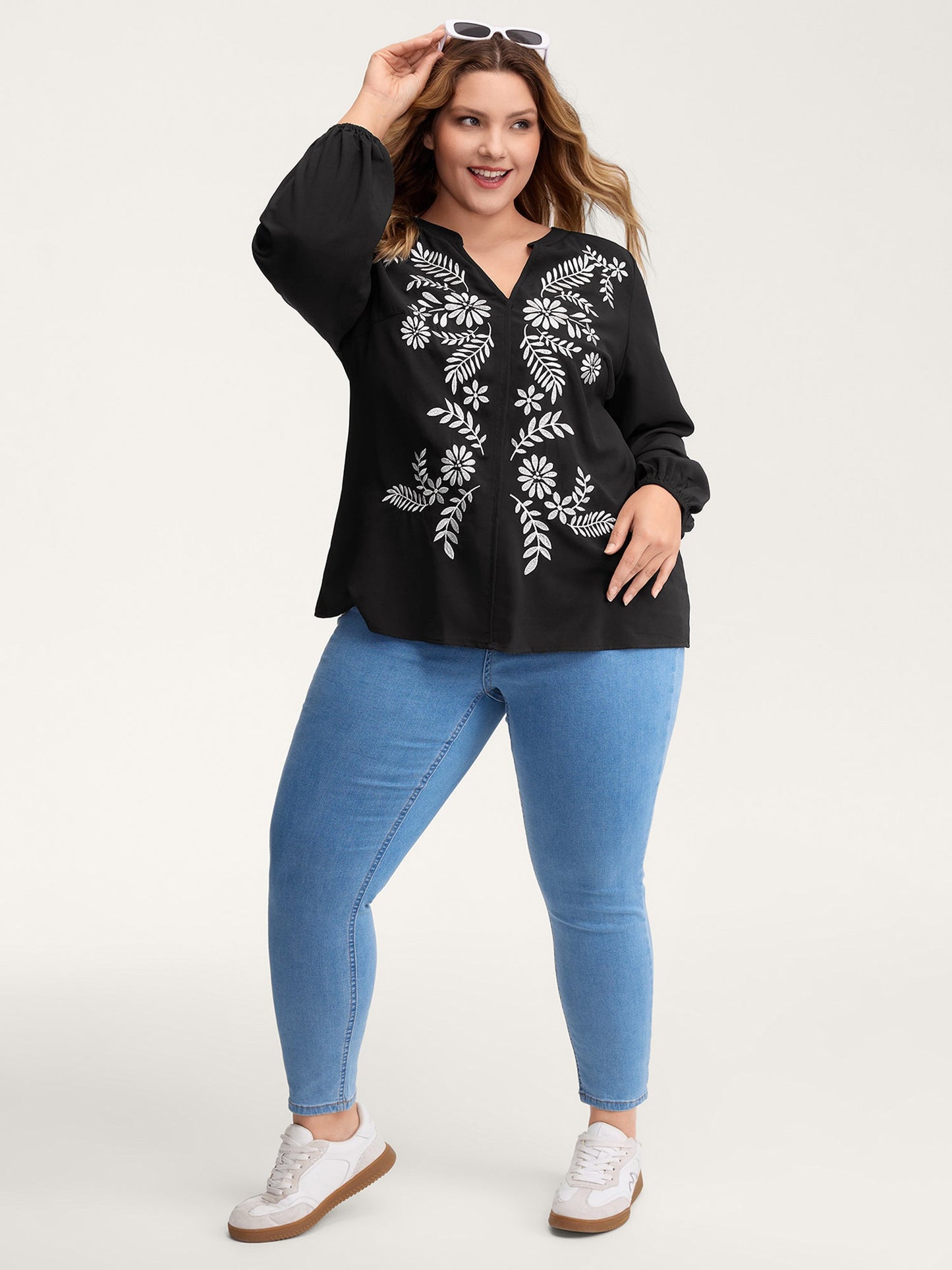 Floral Color Contrast Embroidery Blouse