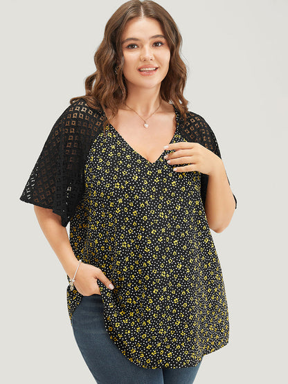 Ditsy Floral Lace Raglan Sleeve  Blouse