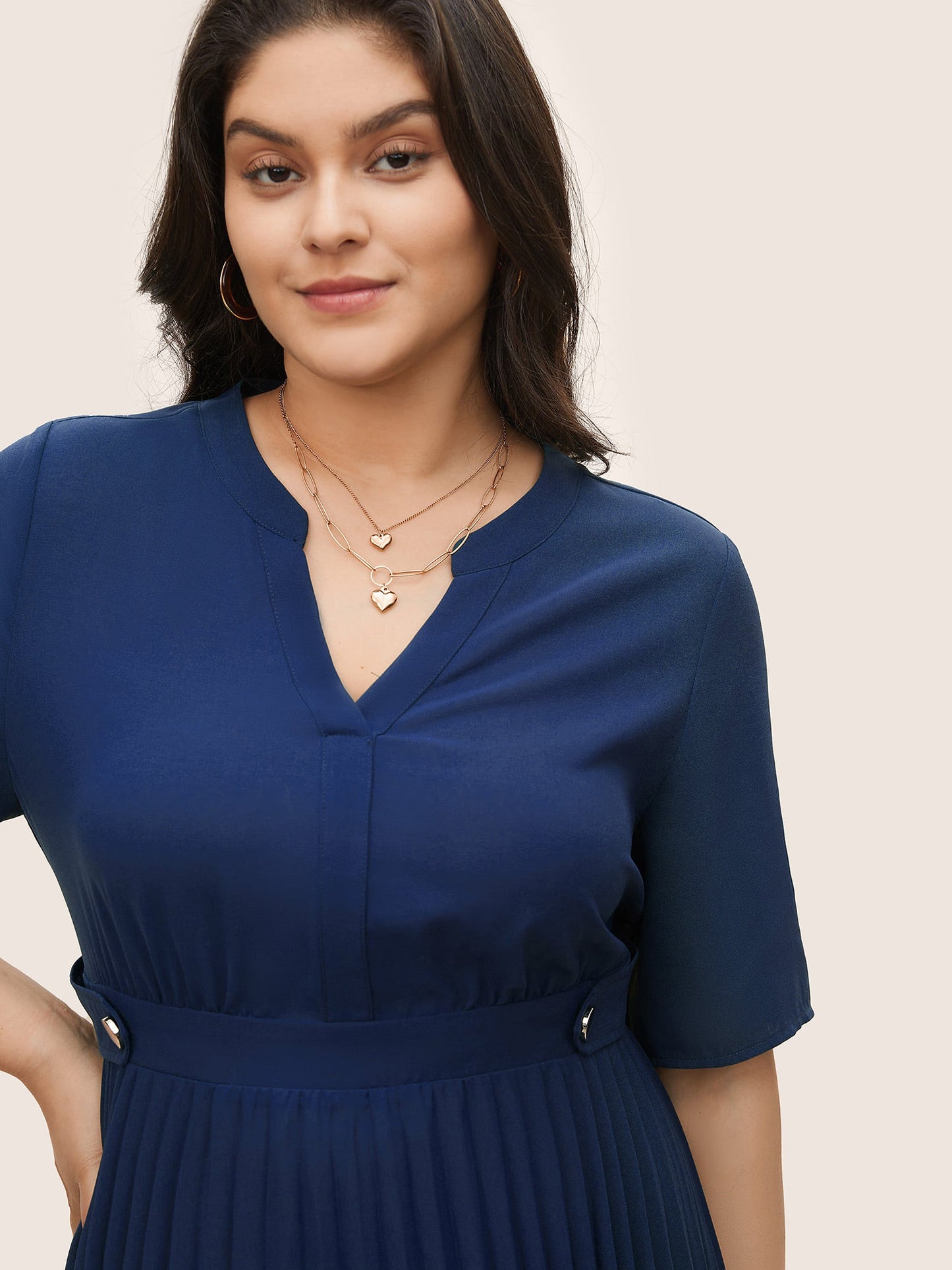 Solid Button Detail Notched Pleated Hem Dress