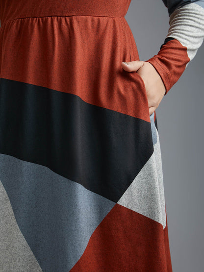 Round Neck Geometric Colorblock Contrast Dress
