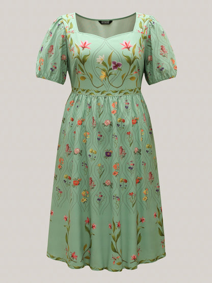 Garden Print Pockets Puff Sleeve Midi Dress