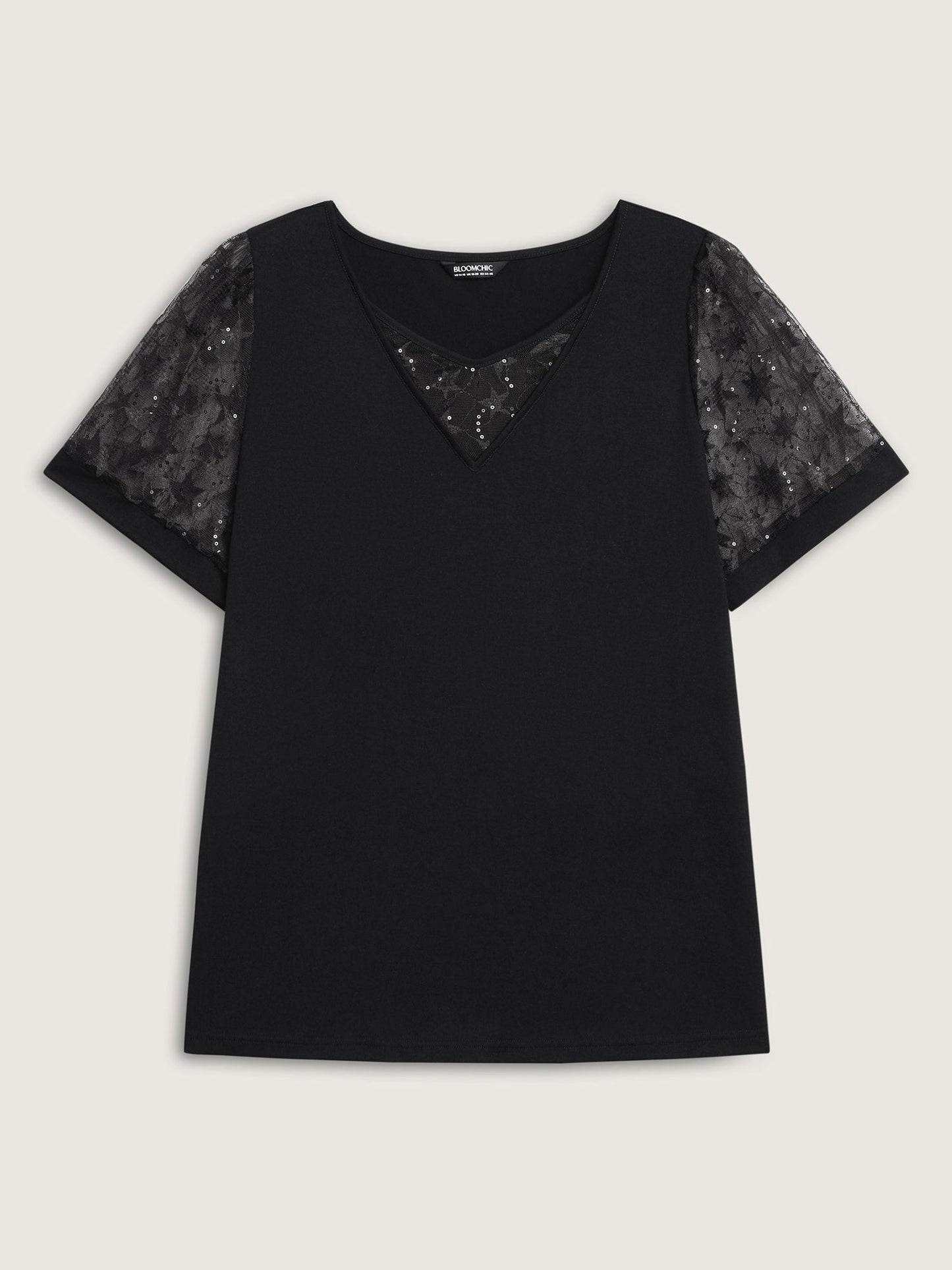 Beaded Mesh Sheer Patchwork T-Shirt