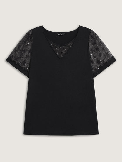 Beaded Mesh Sheer Patchwork T-Shirt