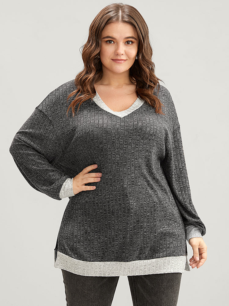 Contrast Trim Split Hem Textured V Neck Sweatshirt