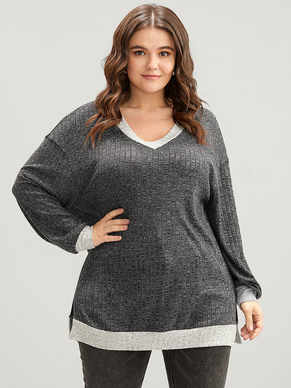 Contrast Trim Split Hem Textured V Neck Sweatshirt