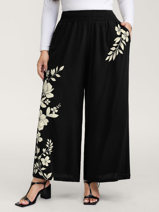 Floral Print Shirred Waist Wide-Leg Pants