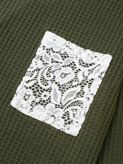 Waffle Knit Contrast Lace Patchwork T-shirt