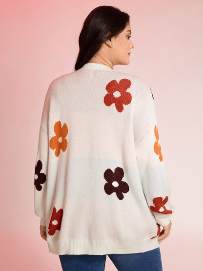 Floral Print Pockets Button-Front Knit Cardigan