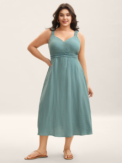 Cotton Textured Cinched-Waist A-Line Midi Dress