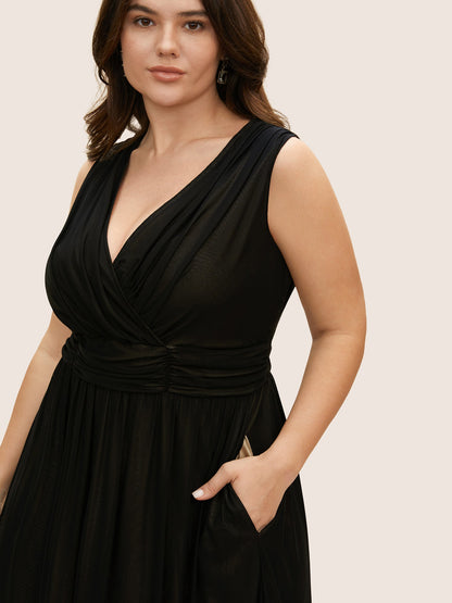 Solid Mesh Ruched Midi Tank Dress
