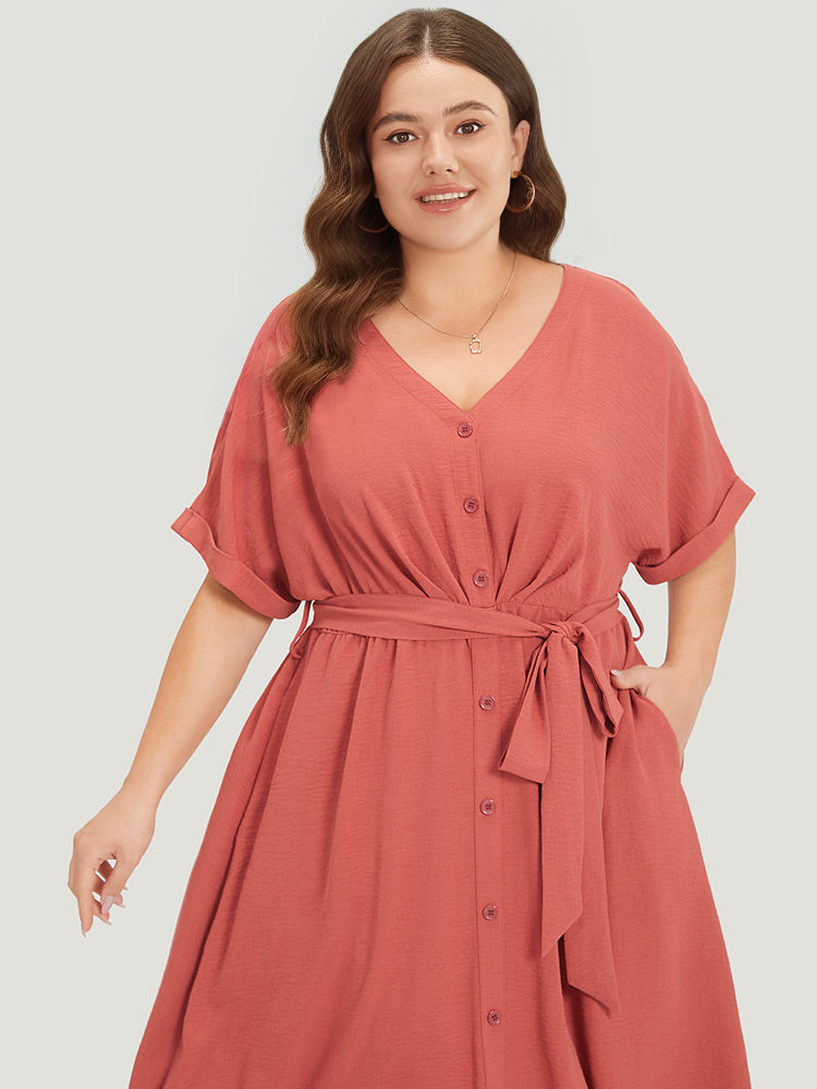 Solid Pocket Button Detail Ties Roll Sleeve Dress