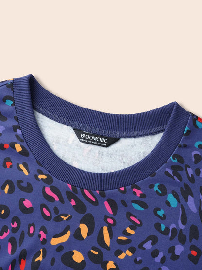 Round Neck Color Leopard Print Sweatshirt