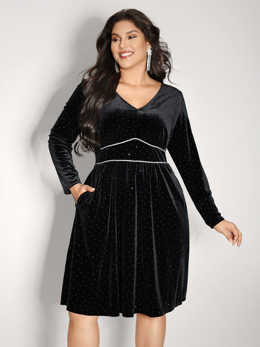 Velvet Rhinestone Cinched-Waist Pockets Midi Dress