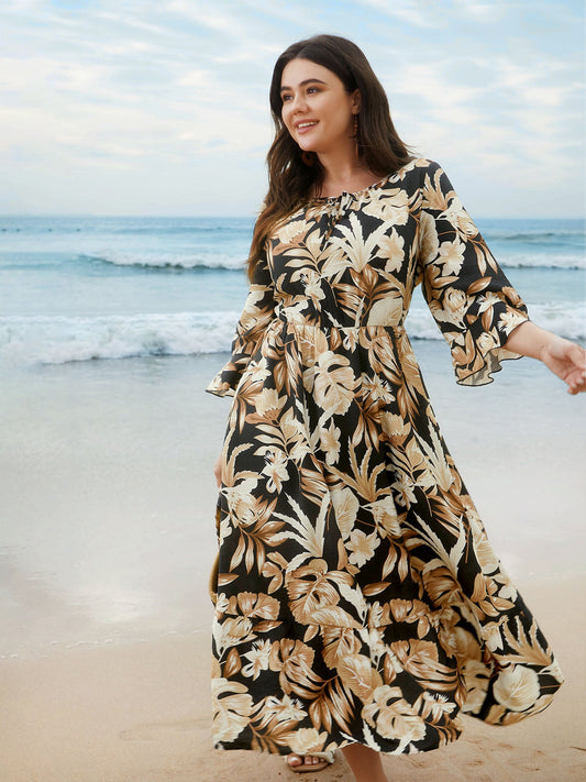 Tropical Leaf Print Neck-Tie Tiered Midi Dress