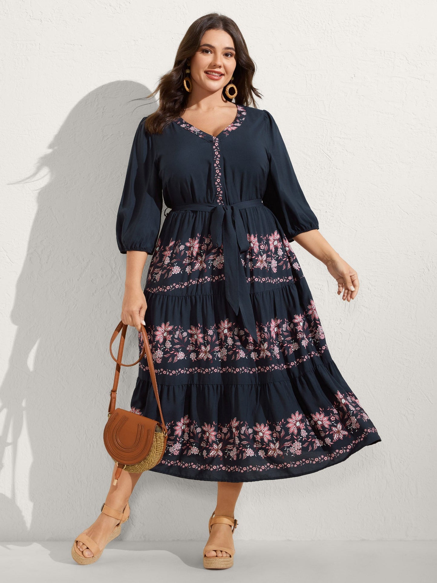 Floral Position Print Belted Maxi Dress