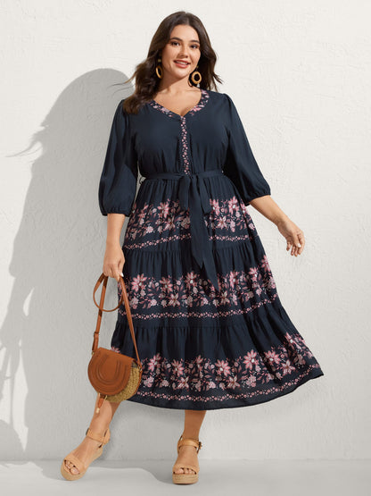 Floral Position Print Belted Maxi Dress