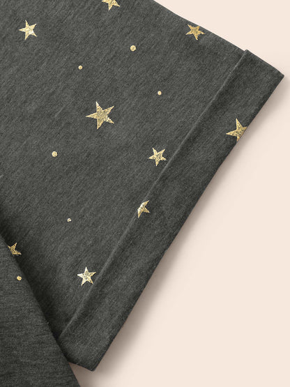 Star Glitter Cuffed Sleeve Crew Neck T-shirt