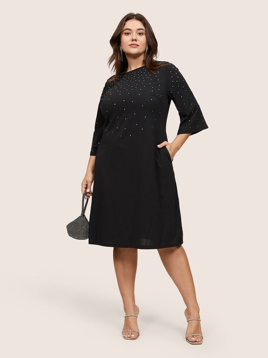 Rhinestone Curved Hem Bell Sleeve Dress