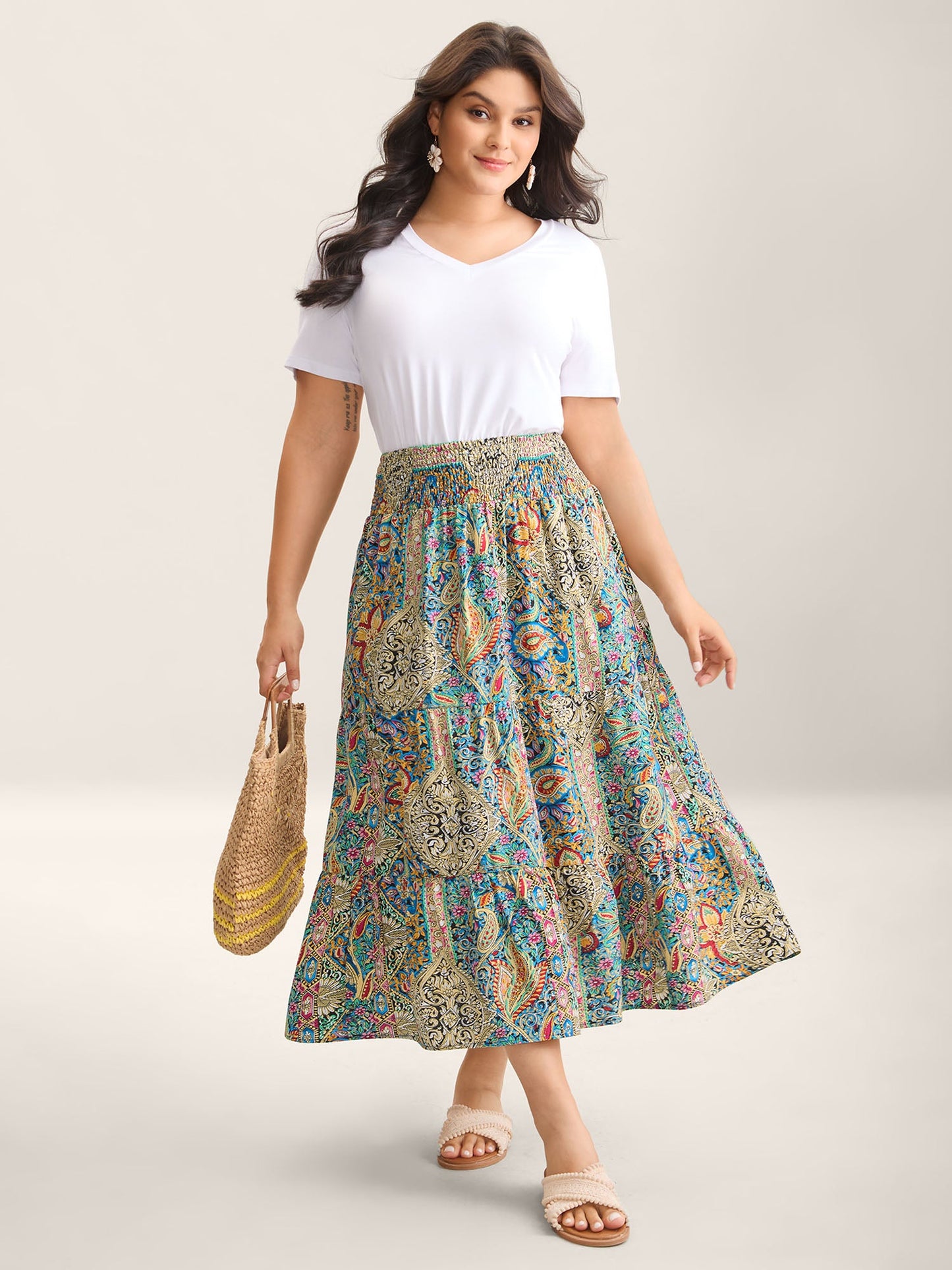 Paisley Print Shirred Waist Midi Skirt