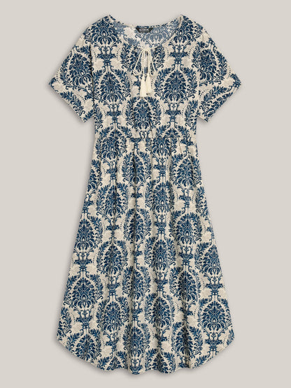 Ornate Print Curvy Hem Tied Maxi Dress