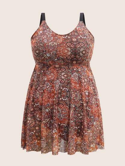 Bandana Print Adjustable Straps Mesh Swim Dress