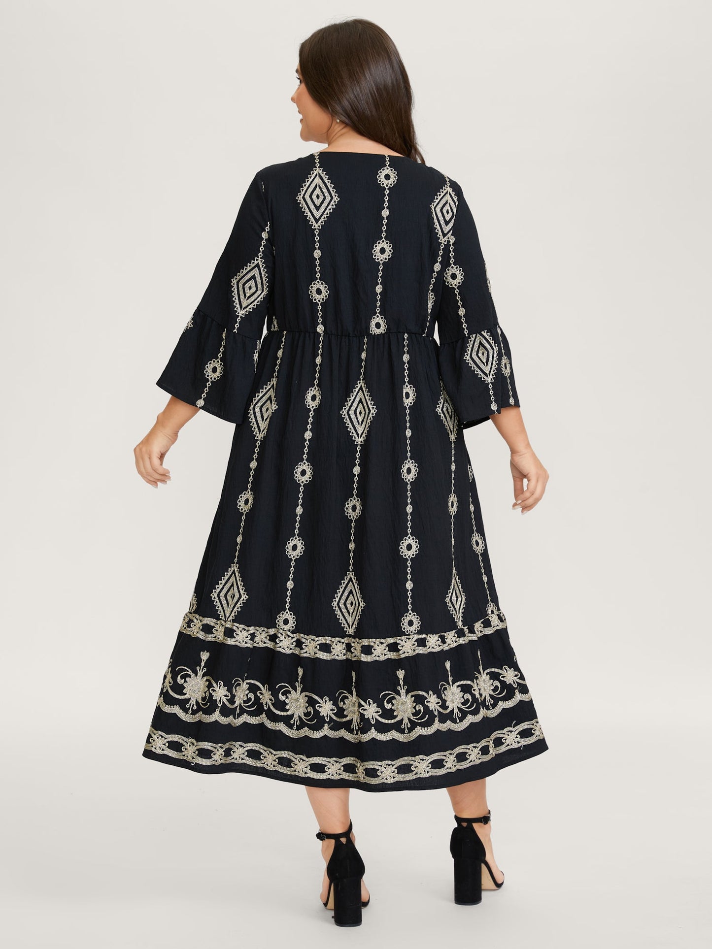 Gold Thread Embroidery Flared Sleeve Midi Dress