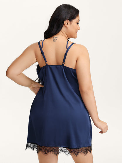 Color Contrast Lace Trim Deep Neck Sleep Dress