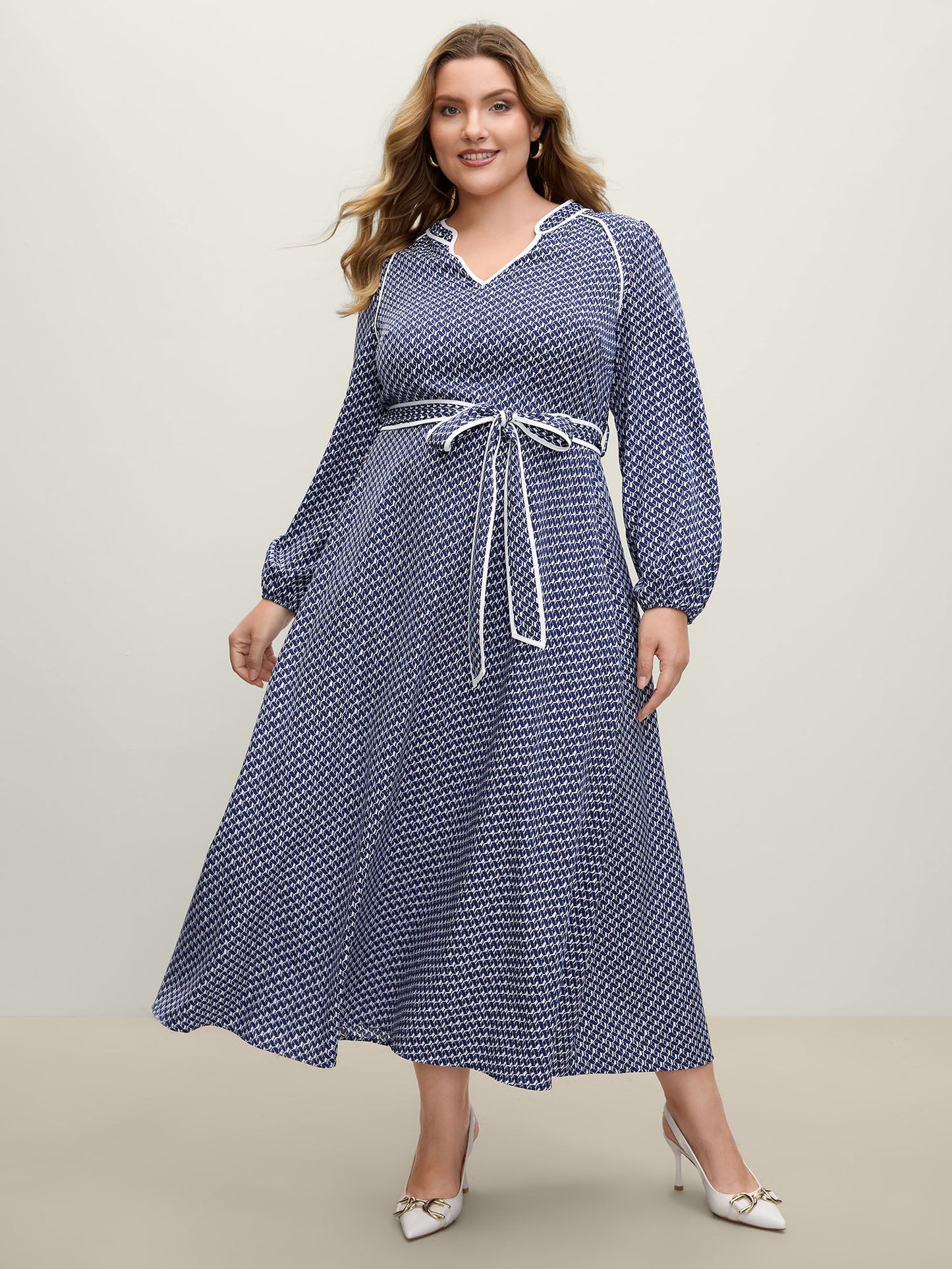Micro Geometric Print Waist-Tie Maxi Dress
