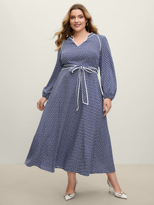 Micro Geometric Print Waist-Tie Maxi Dress