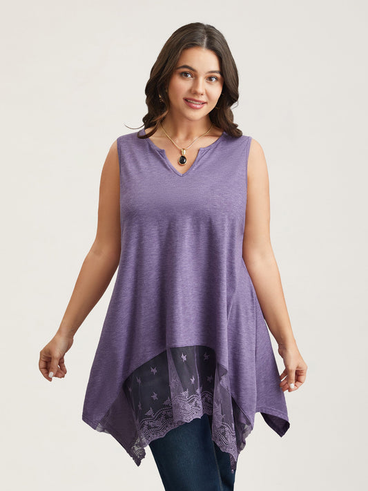 Notched Collar Sheer Lace Hi-Low Hem Vest