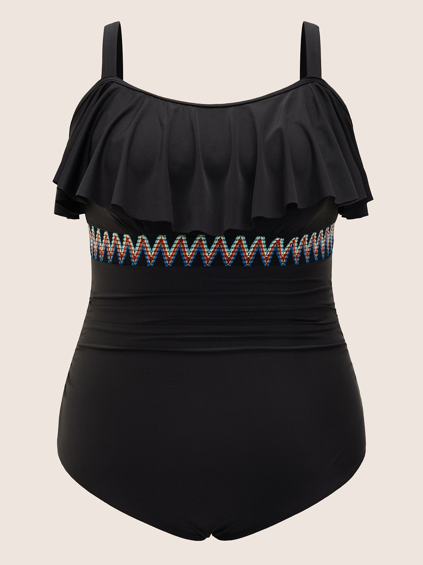 Woven Ribbon Gathered Ruffle Trim One Piece Swimsuit