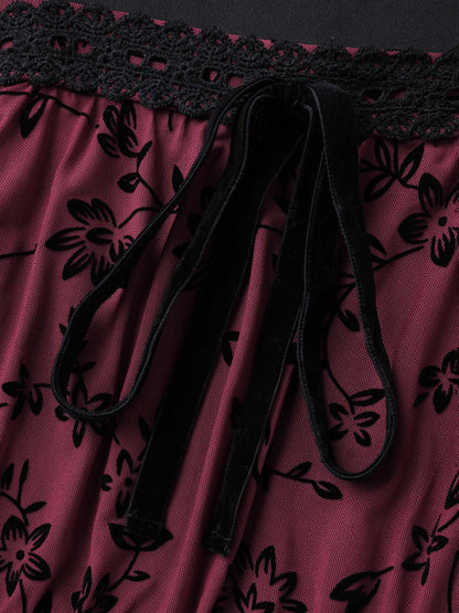 Floral Flocked Lace Cinched-Waist Midi Dress