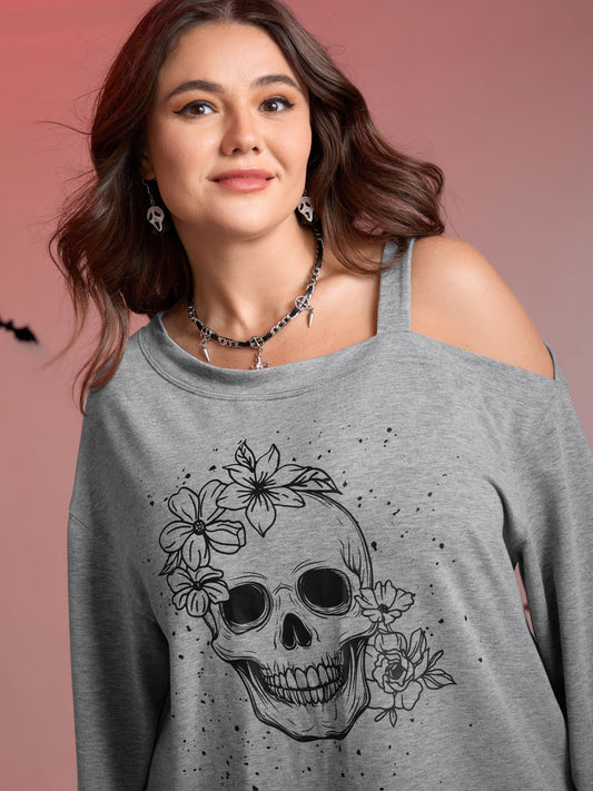 Floral Skull Print One-Shoulder Sweatshirt