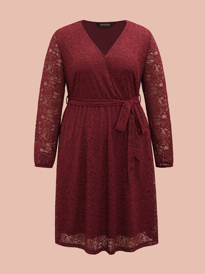 Crochet Lace Mesh Surplice Neck Belted Dress