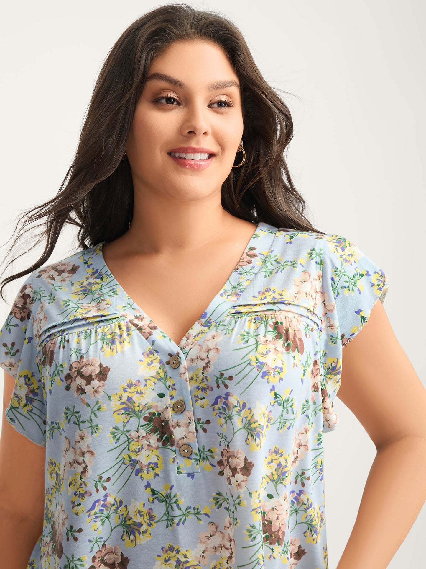 Floral Pleated Button Detail Blouse