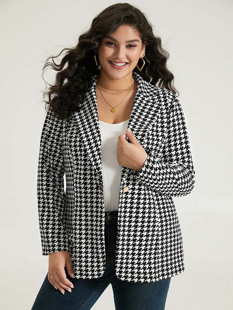 Houndstooth Button Up Suit Collar Blazer