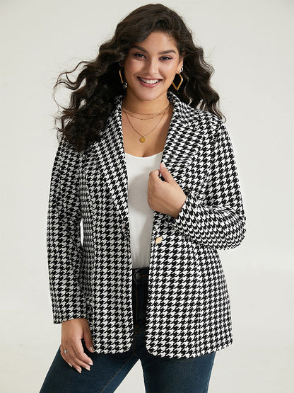 Houndstooth Button Up Suit Collar Blazer