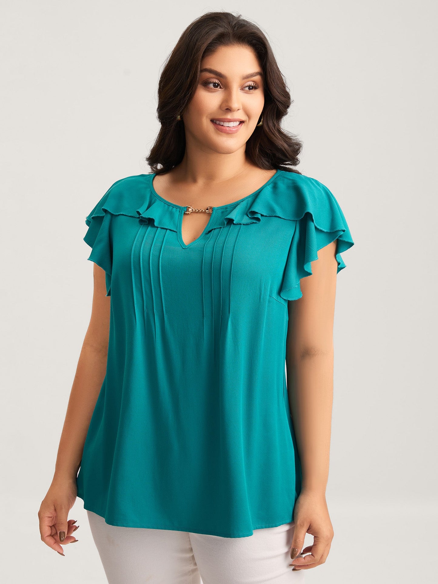 Ruffled Neck Metal Cut-Out Blouse