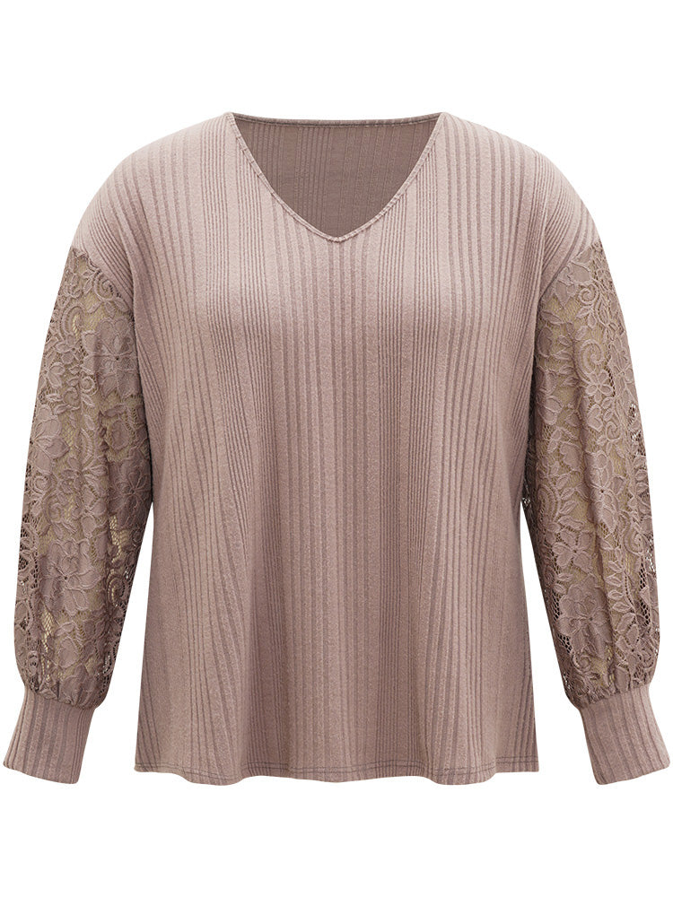 Lace Panel V Neck Lantern Sleeve Sweatshirt