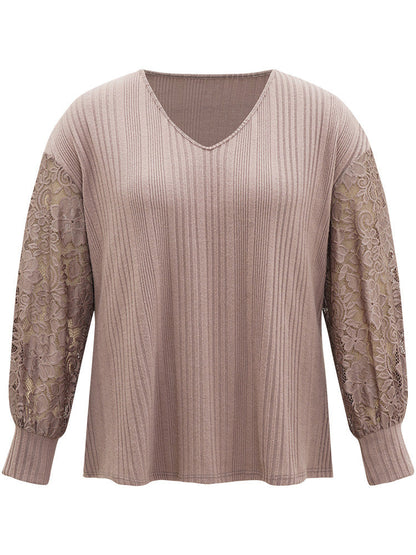 Lace Panel V Neck Lantern Sleeve Sweatshirt