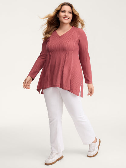 Waffle Grid Side Slit Flared T-Shirt