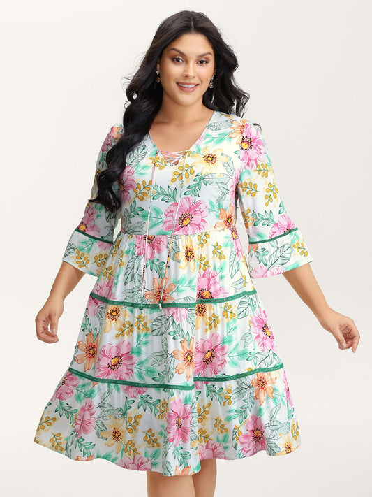 Floral Print Neck-Tie Tiered Knee Dress